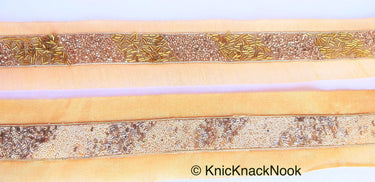 Beige Fabric Trim With Gold Seed Beads, Bugle Beads And Pipe Beads Embellishments, Beaded Trim